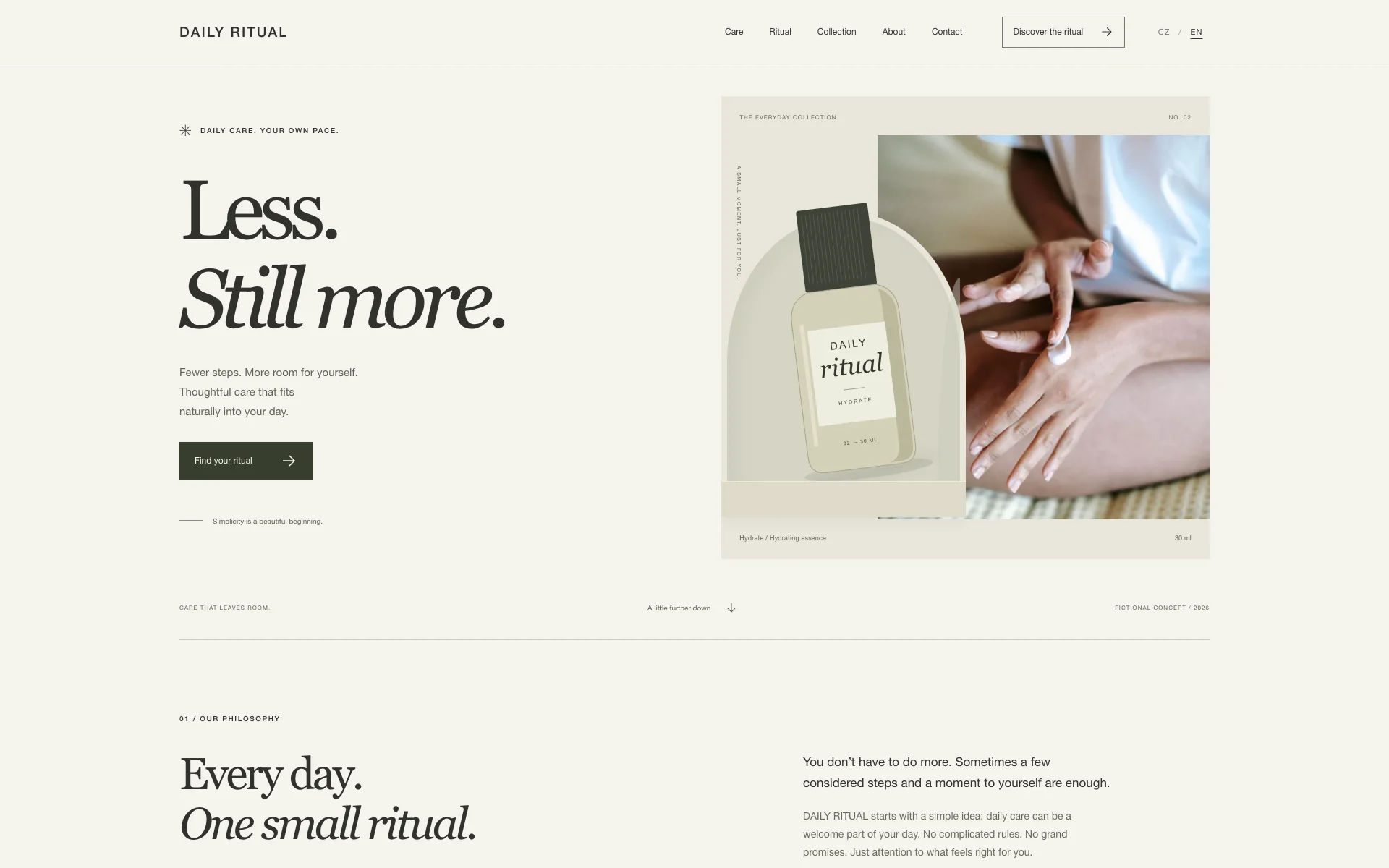 The light DAILY RITUAL homepage with skincare products and skincare photography.