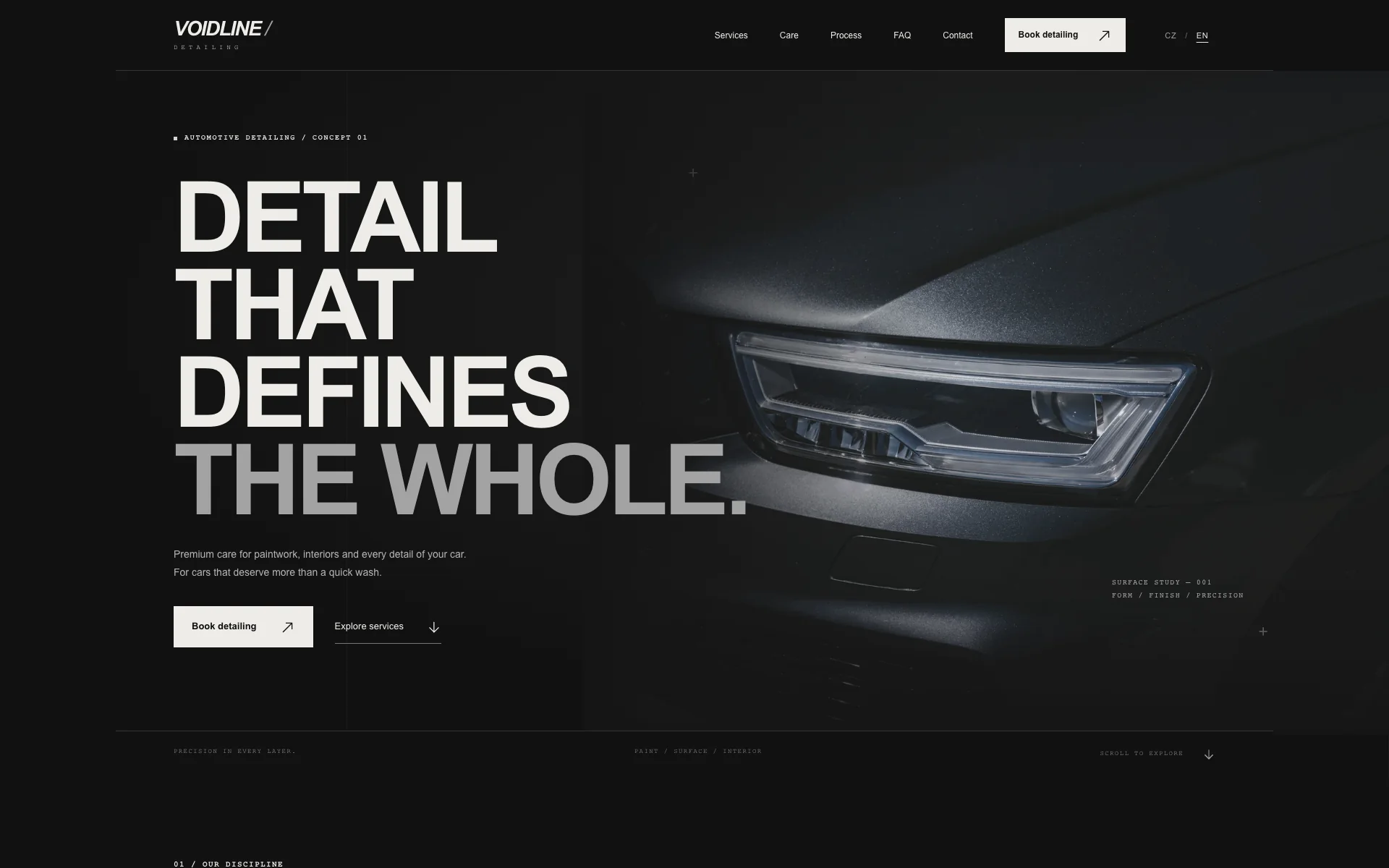 The monochrome VOIDLINE DETAILING homepage featuring a close-up of a car.