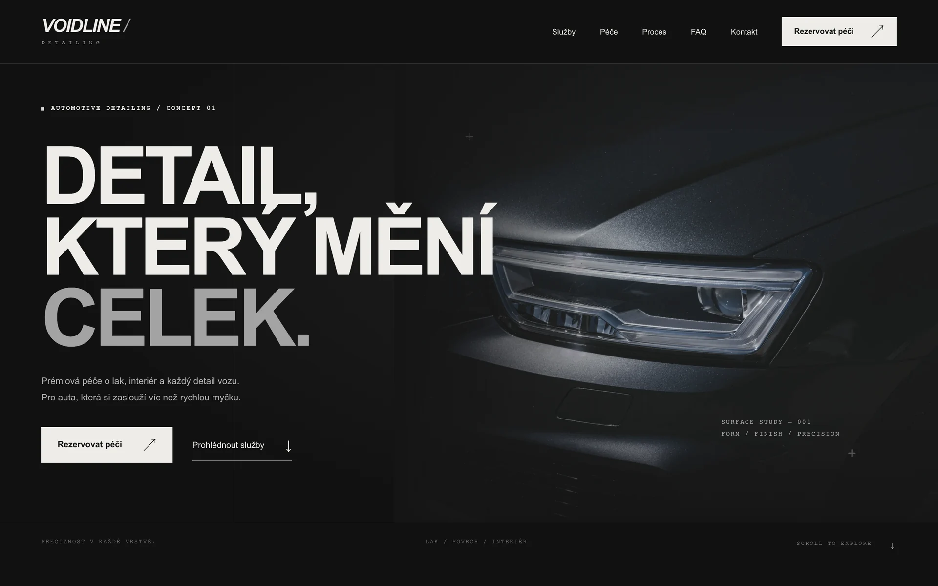 Černobílá úvodní stránka VOIDLINE DETAILING s detailem automobilu.