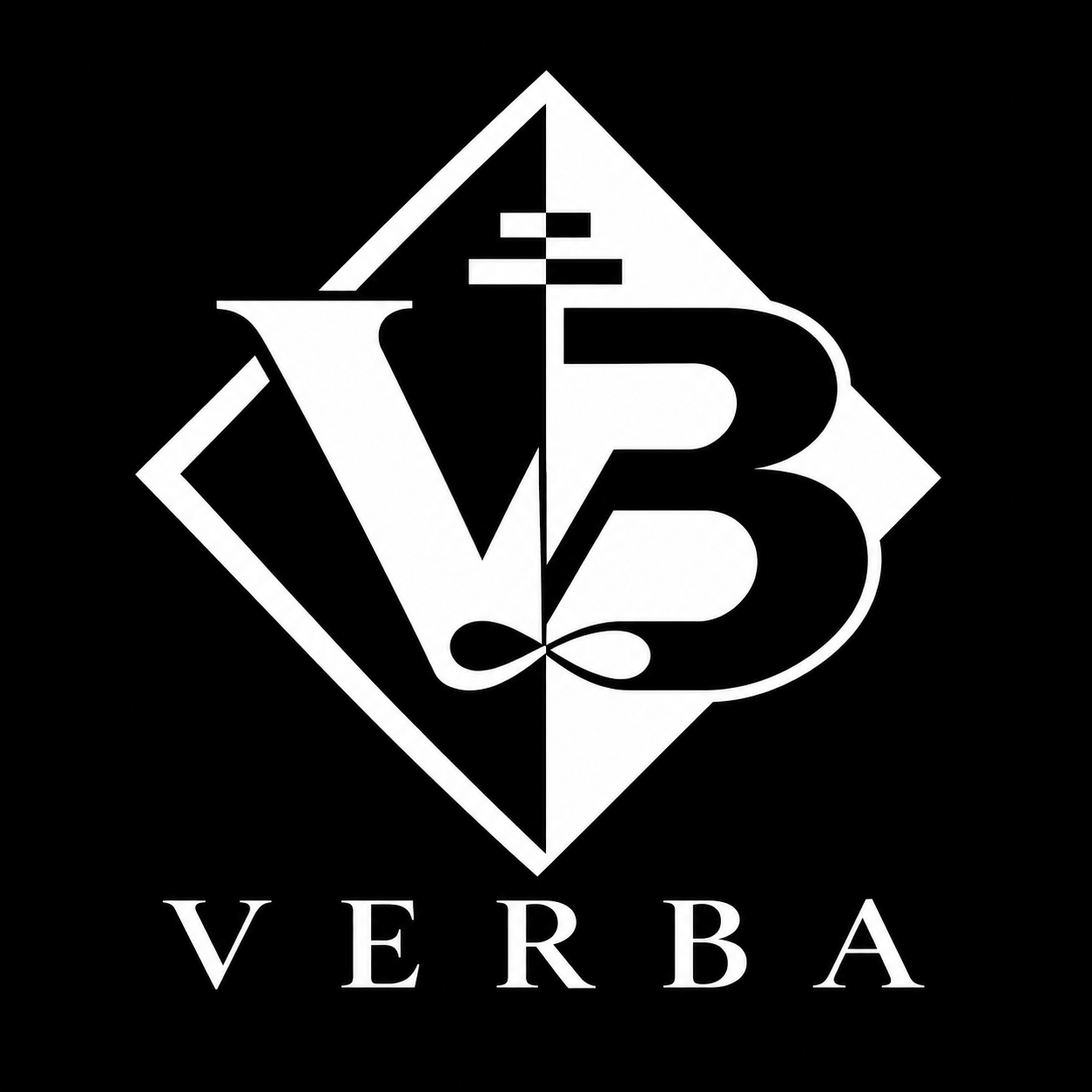 VERBA — černobílý monogram V a B v geometrickém znaku